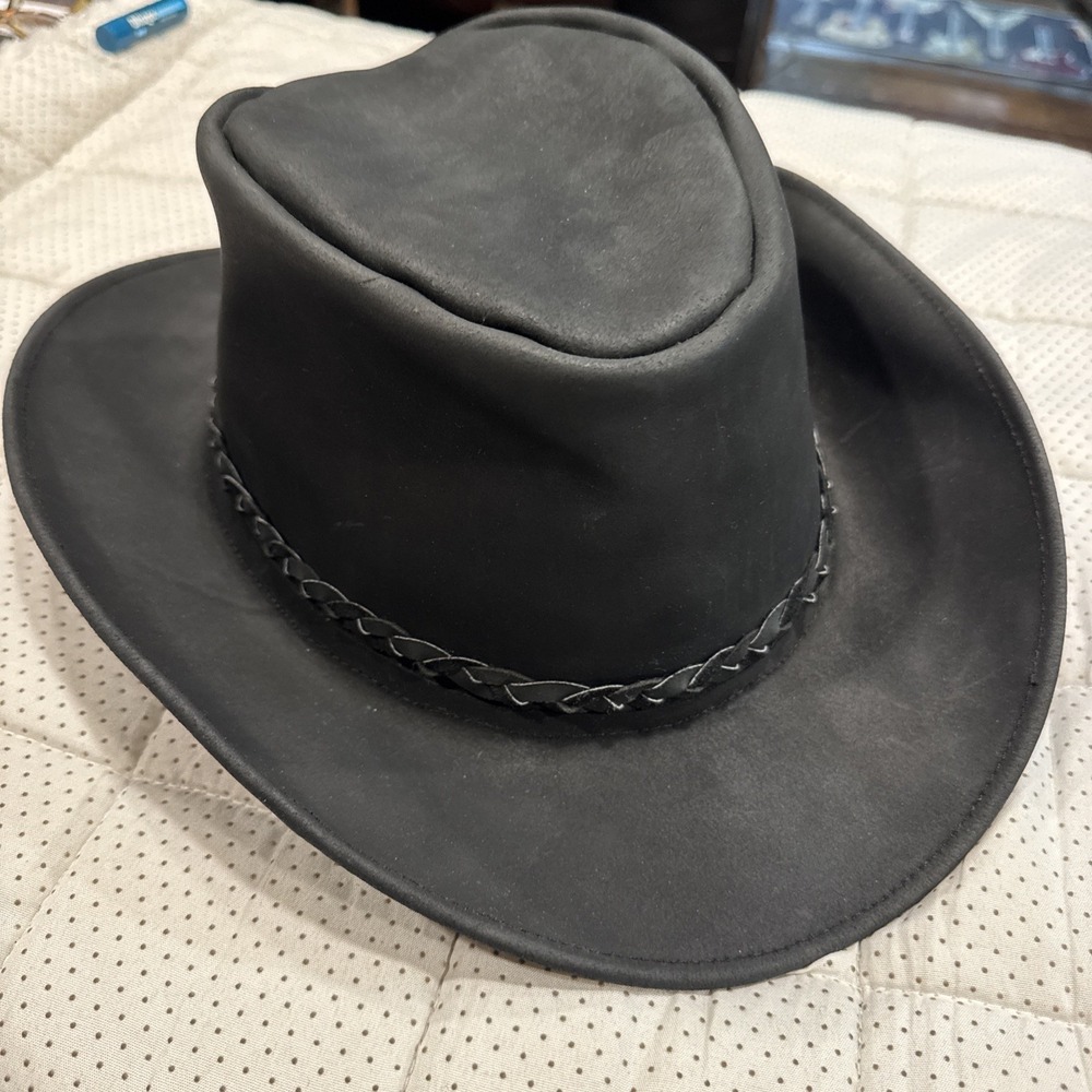 Black Leather Western Outback Hat XL Made In Mexico Braided Band Cowboy Style